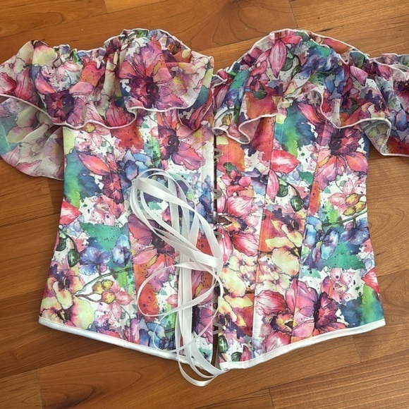 Women’s Corset top floral abstract multicolor ruffle lace-up new - Picture 7 of 9